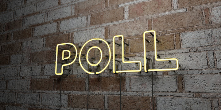 POLL - Glowing Neon Sign on stonework wall - 3D rendered royalty free stock illustration.  Can be used for online banner ads and direct mailers..