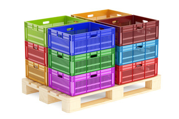 stack colored plastic crates on the wooden pallet, 3D rendering