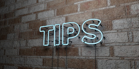 TIPS - Glowing Neon Sign on stonework wall - 3D rendered royalty free stock illustration.  Can be used for online banner ads and direct mailers..