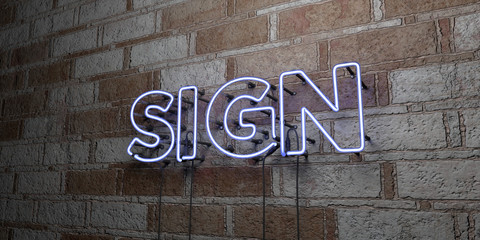 SIGN - Glowing Neon Sign on stonework wall - 3D rendered royalty free stock illustration.  Can be used for online banner ads and direct mailers..