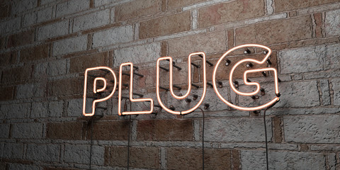 PLUG - Glowing Neon Sign on stonework wall - 3D rendered royalty free stock illustration.  Can be used for online banner ads and direct mailers..