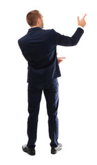 Young business coach standing on white background