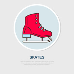 Vector thin line icon of skates. Winter recreation equipment rent logo. Outline symbol of figure skating. Cold season activities, ice rink sign.