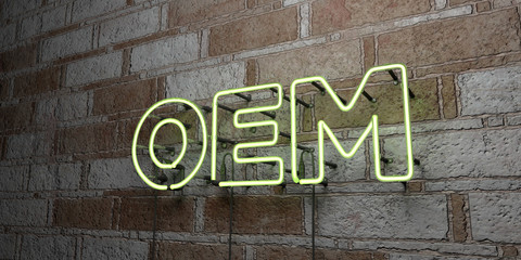 OEM - Glowing Neon Sign on stonework wall - 3D rendered royalty free stock illustration.  Can be used for online banner ads and direct mailers..