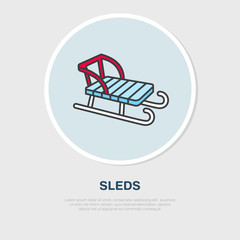 Vector thin line icon of sleds. Winter recreation equipment rent logo. Outline symbol of sleigh. Cold season activities, sledge sign.