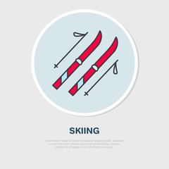 Vector thin line icon of ski and poles. Winter recreation equipment rent logo. Outline symbol of skiing. Cold season activities sign.