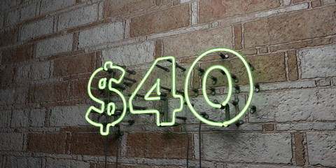 $40 - Glowing Neon Sign on stonework wall - 3D rendered royalty free stock illustration.  Can be used for online banner ads and direct mailers..
