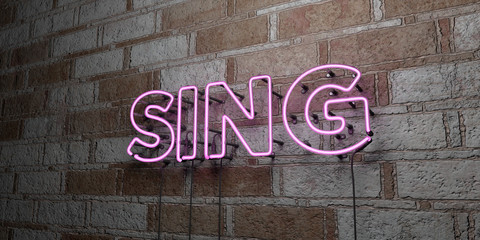SING - Glowing Neon Sign on stonework wall - 3D rendered royalty free stock illustration.  Can be used for online banner ads and direct mailers..
