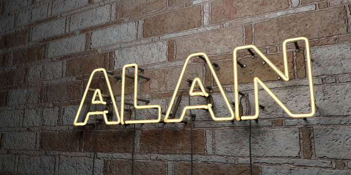 ALAN - Glowing Neon Sign on stonework wall - 3D rendered royalty free stock illustration.  Can be used for online banner ads and direct mailers..