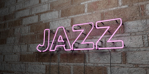 JAZZ - Glowing Neon Sign on stonework wall - 3D rendered royalty free stock illustration.  Can be used for online banner ads and direct mailers..