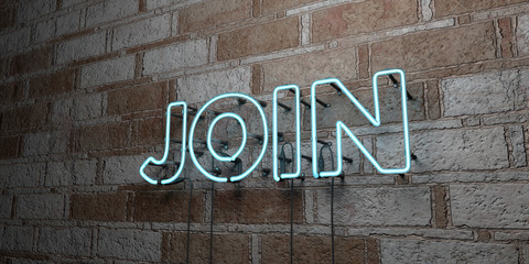 JOIN - Glowing Neon Sign on stonework wall - 3D rendered royalty free stock illustration.  Can be used for online banner ads and direct mailers..