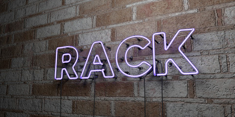 RACK - Glowing Neon Sign on stonework wall - 3D rendered royalty free stock illustration.  Can be used for online banner ads and direct mailers..