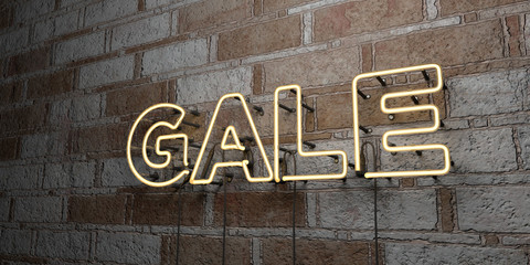 GALE - Glowing Neon Sign on stonework wall - 3D rendered royalty free stock illustration.  Can be used for online banner ads and direct mailers..