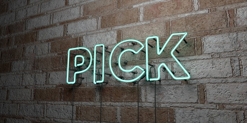 PICK - Glowing Neon Sign on stonework wall - 3D rendered royalty free stock illustration.  Can be used for online banner ads and direct mailers..
