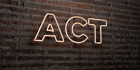 ACT -Realistic Neon Sign on Brick Wall background - 3D rendered royalty free stock image. Can be used for online banner ads and direct mailers..