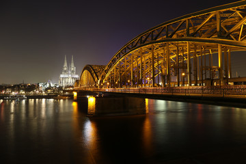 Night view on the Cologne Cathedral and Hohenzollern Bridge, Germany