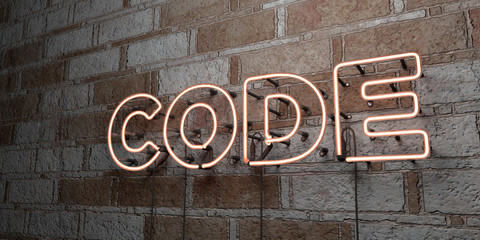 CODE - Glowing Neon Sign on stonework wall - 3D rendered royalty free stock illustration.  Can be used for online banner ads and direct mailers..