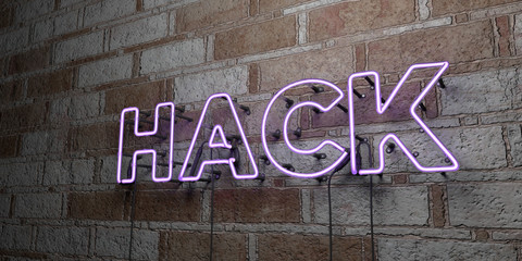 HACK - Glowing Neon Sign on stonework wall - 3D rendered royalty free stock illustration.  Can be used for online banner ads and direct mailers.. © Chris Titze Imaging