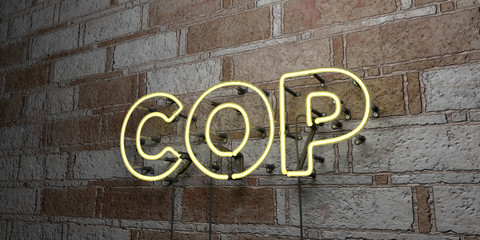 COP - Glowing Neon Sign on stonework wall - 3D rendered royalty free stock illustration.  Can be used for online banner ads and direct mailers..