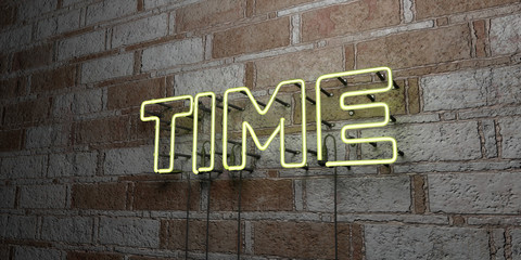 TIME - Glowing Neon Sign on stonework wall - 3D rendered royalty free stock illustration.  Can be used for online banner ads and direct mailers..