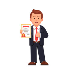 Standing business man holding certificate