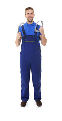 Plumber in blue uniform holding tools on white background
