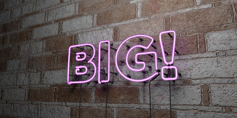BIG! - Glowing Neon Sign on stonework wall - 3D rendered royalty free stock illustration.  Can be used for online banner ads and direct mailers..