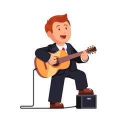 Business man in a suit playing guitar and singing