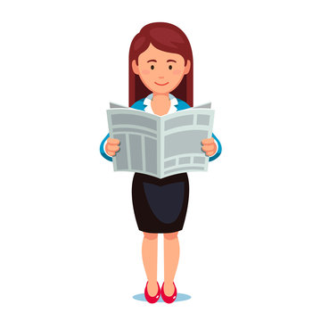 Business woman in formal dress reading news paper