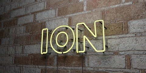 ION - Glowing Neon Sign on stonework wall - 3D rendered royalty free stock illustration.  Can be used for online banner ads and direct mailers..