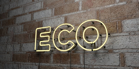 ECO - Glowing Neon Sign on stonework wall - 3D rendered royalty free stock illustration.  Can be used for online banner ads and direct mailers..