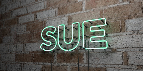 SUE - Glowing Neon Sign on stonework wall - 3D rendered royalty free stock illustration.  Can be used for online banner ads and direct mailers..