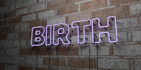 BIRTH - Glowing Neon Sign on stonework wall - 3D rendered royalty free stock illustration.  Can be used for online banner ads and direct mailers..