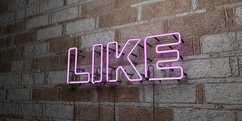 LIKE - Glowing Neon Sign on stonework wall - 3D rendered royalty free stock illustration.  Can be used for online banner ads and direct mailers..