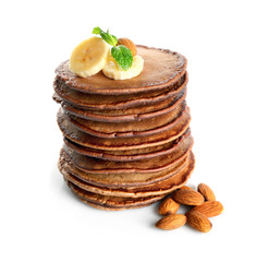 Tasty pancakes with banana and almond  isolated on white