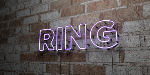 RING - Glowing Neon Sign on stonework wall - 3D rendered royalty free stock illustration.  Can be used for online banner ads and direct mailers..