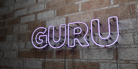 GURU - Glowing Neon Sign on stonework wall - 3D rendered royalty free stock illustration.  Can be used for online banner ads and direct mailers..