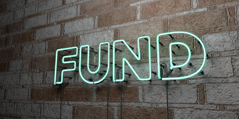 FUND - Glowing Neon Sign on stonework wall - 3D rendered royalty free stock illustration.  Can be used for online banner ads and direct mailers..