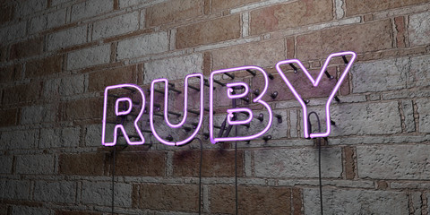 RUBY - Glowing Neon Sign on stonework wall - 3D rendered royalty free stock illustration.  Can be used for online banner ads and direct mailers..