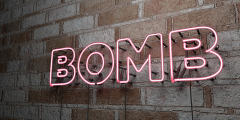 Fototapeta premium BOMB - Glowing Neon Sign on stonework wall - 3D rendered royalty free stock illustration. Can be used for online banner ads and direct mailers..