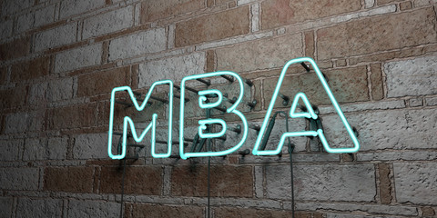 MBA - Glowing Neon Sign on stonework wall - 3D rendered royalty free stock illustration.  Can be used for online banner ads and direct mailers..