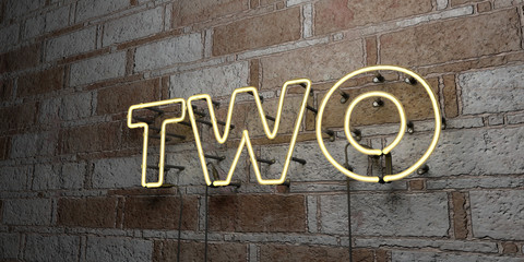 TWO - Glowing Neon Sign on stonework wall - 3D rendered royalty free stock illustration.  Can be used for online banner ads and direct mailers..