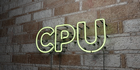 CPU - Glowing Neon Sign on stonework wall - 3D rendered royalty free stock illustration.  Can be used for online banner ads and direct mailers..