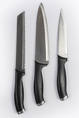 Set of Three Kitchen Knives Isolated on White Background