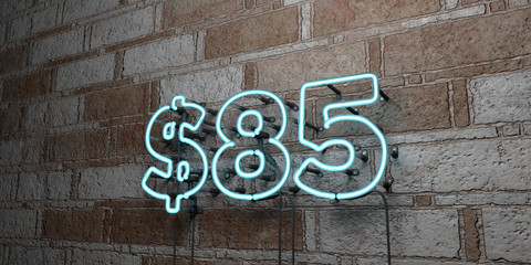 $85 - Glowing Neon Sign on stonework wall - 3D rendered royalty free stock illustration.  Can be used for online banner ads and direct mailers..