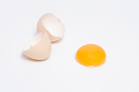 Eggs chicken bird with egg yolk and shell on a gray background