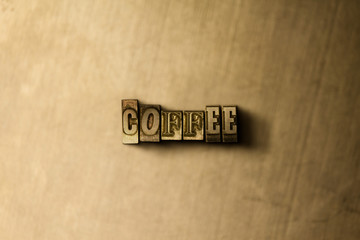 COFFEE - close-up of grungy vintage typeset word on metal backdrop. Royalty free stock - 3D rendered stock image.  Can be used for online banner ads and direct mail.