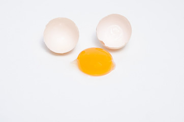 Eggs chicken bird with egg yolk and shell on a gray background