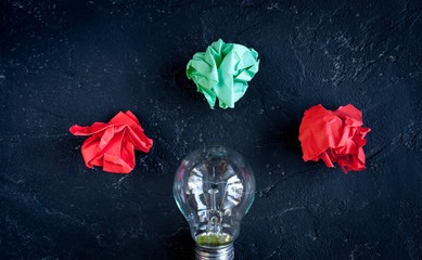 concept idea inspiration with lamp dark background top view