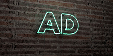 AD -Realistic Neon Sign on Brick Wall background - 3D rendered royalty free stock image. Can be used for online banner ads and direct mailers..